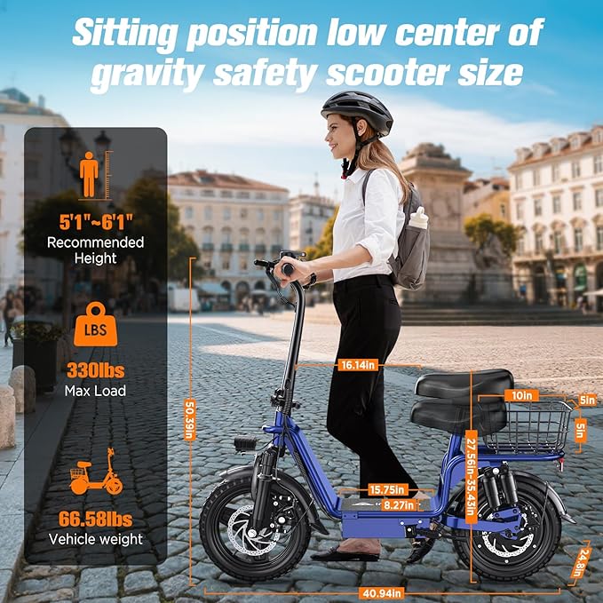 Electric Scooter with Seat for Adults,1000W Peak Power, 35-Mile Range, 20MPH, 14" Tires, Foldable Commuter E-Scooter with Basket for Pets Dogs and Items, 330lbs Max Load.UL 2272