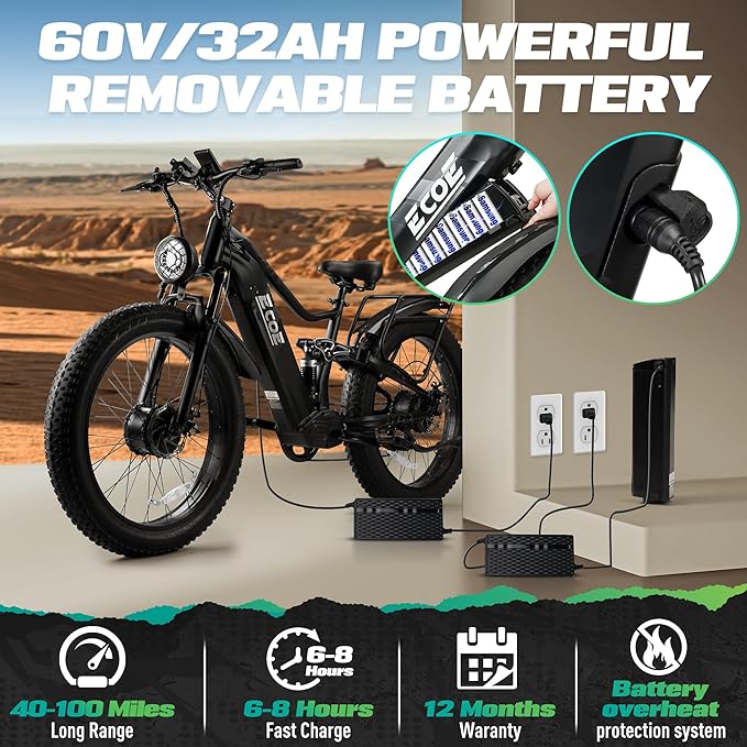 EcoE 6000/7000W Dual Motor Electric Bike for Adults 52MPH Charge Voltage 63 V32A, 26x4 Fat Tire All Terrain Ebikes, Full Suspension E Bike, SHM 7-Speed Gear Electric Bicycle