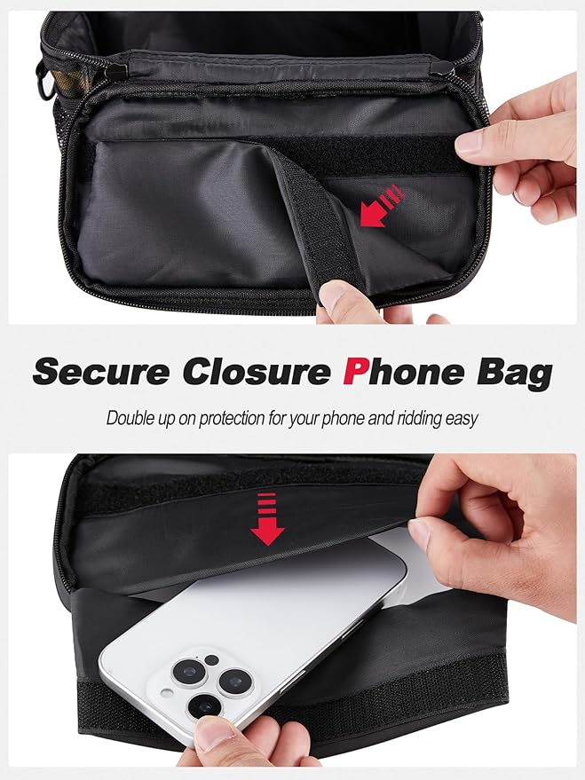 Bike/Bicycle phone handlebar front frame bag,Secured Bike Front Basket with closure Touch Screen Phone Holder