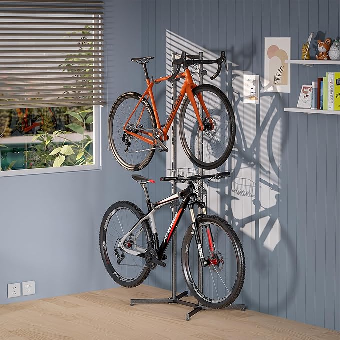 CXWXC 2-/4-Bike Storage Rack with Basket - Indoor Bike Rack for Garage/Apartment - Road Mountain and Hybrid Bike Garage & Home