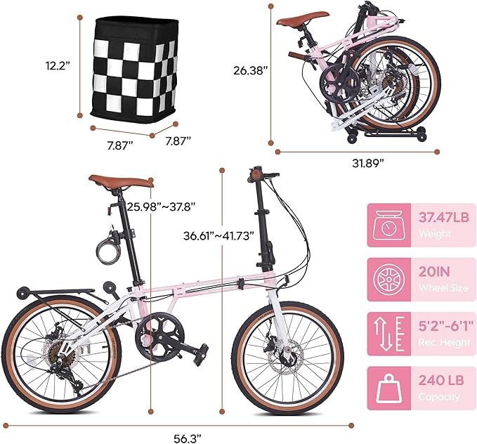 20 inch Folding Bike for Adults, 7-Speed Commuter Bike for Women Men, Foldable Bicycle Extra Light with Basket/Adjustable Seat,Front & Rear Disc Brakes Compact Urban Bikes for City Commuting