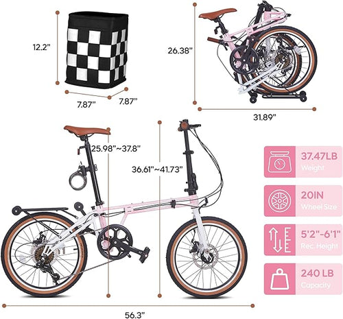 20 inch Folding Bike for Adults, 7-Speed Commuter Bike for Women Men, Foldable Bicycle Extra Light with Basket/Adjustable Seat,Front & Rear Disc Brakes Compact Urban Bikes for City Commuting