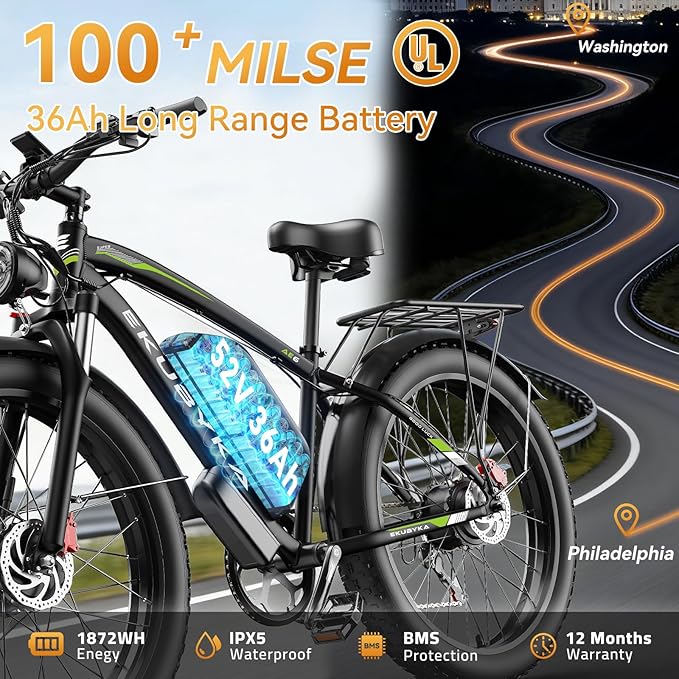 8000W Dual Motor Electric Bike for Adults, 48MPH Fast Ebike with 52V 36Ah Removable Battery, Up to 100 Miles Long Range, 24/26 Inch Fat Tire, Shimano 7-Speed, Shock Absorber Commuter E-Bike