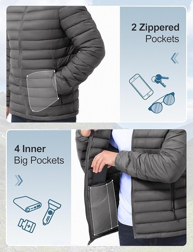 Men's Lightweight Packable Puffer Jacket Insulated Warm Winter Jackets Puffy Coat for Ski Hiking Travel