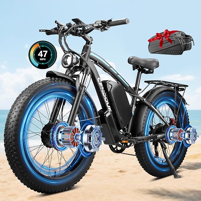 Electric Bike for Adults Peak 8000W 58V Max Output 36AH Battery Fast 40-47MPH 105 Miles Range Dual Motor Ebike 24 Inch Fat Tire Electric Bicycle for All Terrain (Black Blue)
