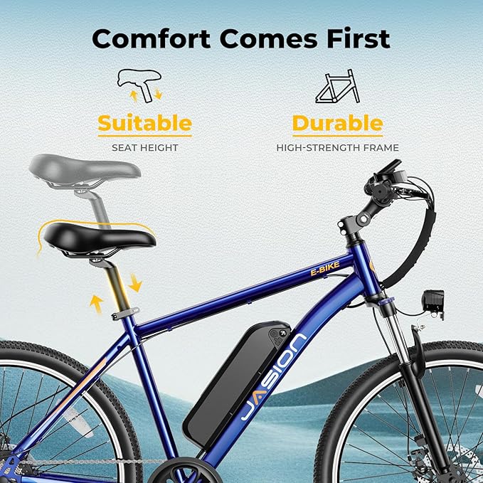 Jasion EB5 Electric Bike for Adults with Peak 1000W Brushless Motor, 40Miles 20MPH Commuting Electric Mountain Bike with 360Wh Removable Battery, 7-Speed, 26" Tires and Front Fork Suspension