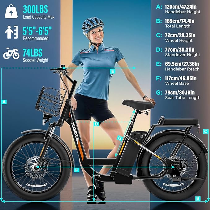Caroma Peak 500W/800W/1200W Electric Scooter with Seat, 20" Fat Tire Electric Bike with 48V Removable Battery, Up to 30Miles & 20MPH, Adult Scooter for Commuting with Basket&Adjustable Seat