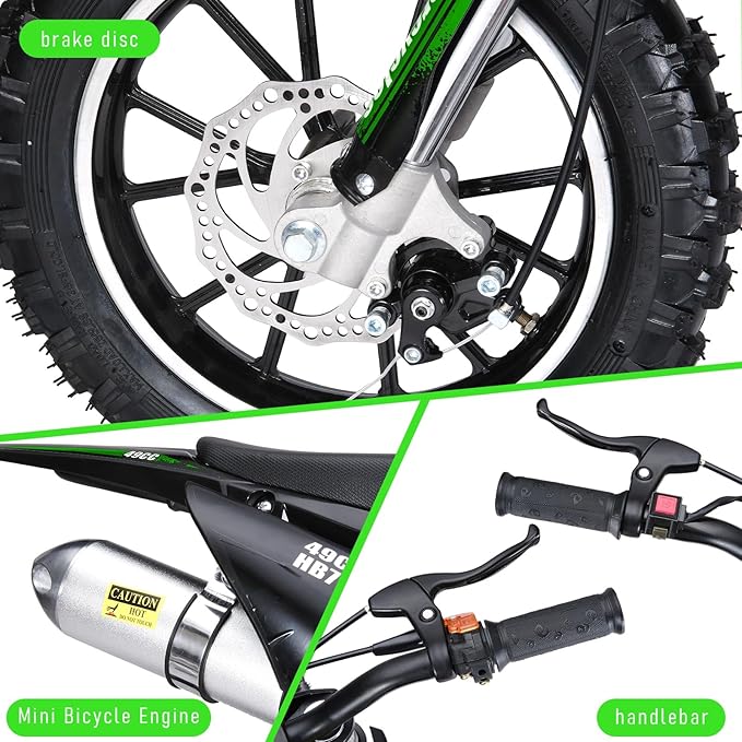 cdar Kids Dirt Bike, 49cc Gas Dirt Bike for Teens - 25MPH 2-Stroke Pit Bike with Hydraulic Disc Brakes & 10" Off-Road Tires Ages 13+ Max180lb Load Christmas for Boys Girl Green