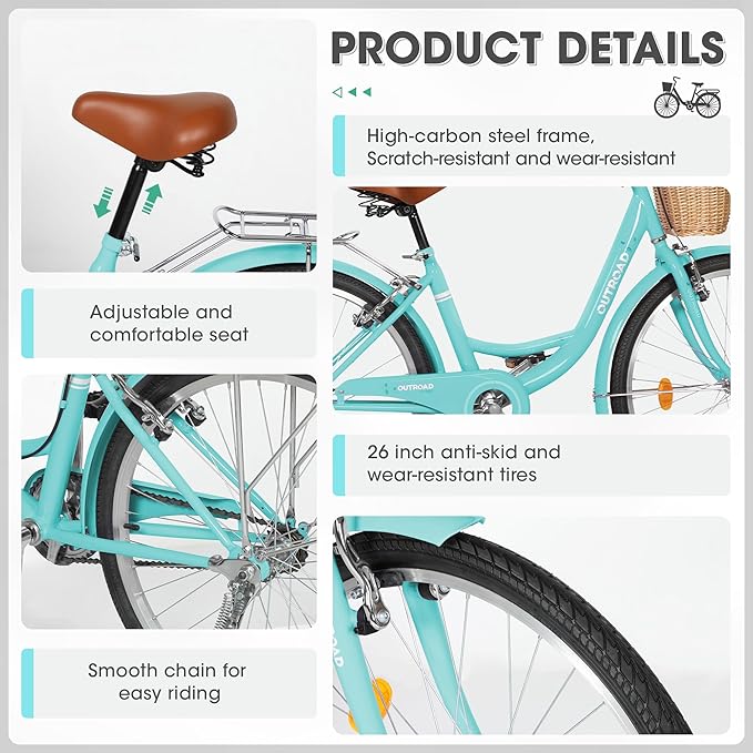 Outroad Comfort Bike for Women, 24/26 Inch Commuter Bicycle for Adult Men and Women, High-Carbon Steel Comfortable City Bikes with Rear Rack or Basket