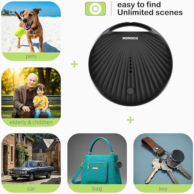 MoMoCo GPS Tracker – iOS Only No Subscription Required, Portable Real-Time GPS Tracking Device for Dogs,Compatible with Apple Find My, Location Tracker for Vehicles/Keys/Luggage (Black)