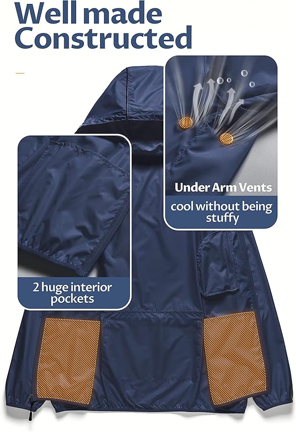 CREATMO US Men's Packable Waterproof Running Rain Coats Reflective Cycling Jacket Windbreaker With Removable Hood