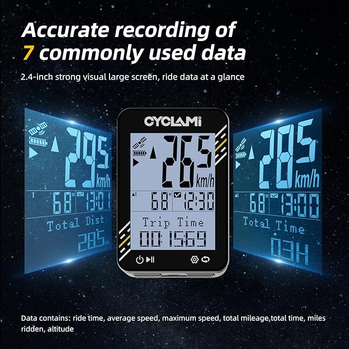 Bike Computer Wireless - 5-Satellite GPS Cycling Speedometer | 2.4" Sun-Readable Screen | 50g Ultralight | 20+H Battery IPX7 Waterproof Bicycle GPS for Road/MTB Bikes (No Bluetooth connection)