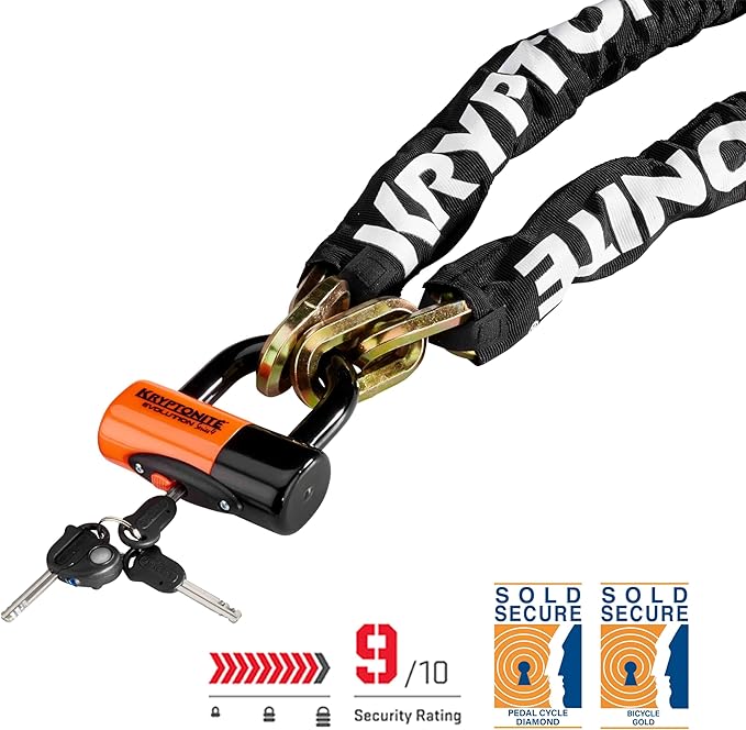 Kryptonite New York 1210 Bike Chain Lock, 3.25 Feet Long Heavy Duty Anti-Theft Sold Secure Gold Bicycle Chain Lock with Evolution Disc Lock and Keys for Ultimate Security E-Bike, Motorcycle, Scooter
