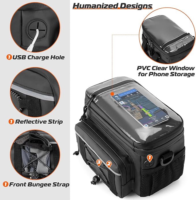 Waterproof Motorcycle Handlebar Bag, Dirtbike Handlebar Bag for Cruiser Softail Dyna Sportsters, Bicycle Tool Storage Pouch with PVC Clear Window & USB Charge Hole, Bag Only