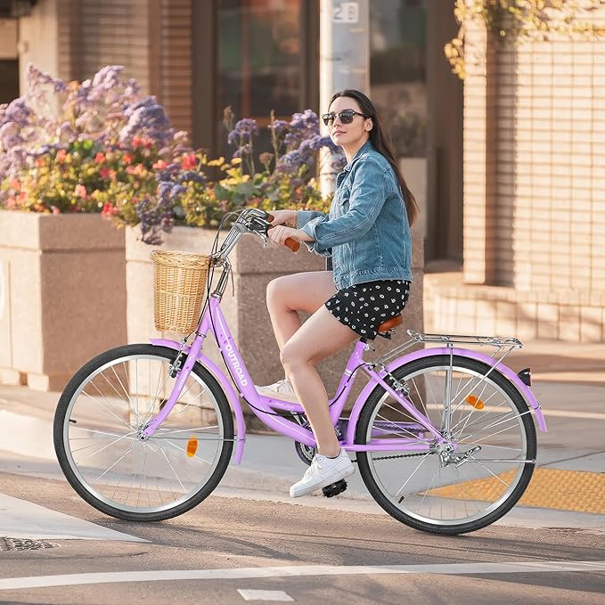 Outroad Beach Cruiser Bike, 24/26 inch Commuter Bicycle for Adult and Women,High-Carbon Steel Comfortable City Bikes with Rear Rack and Basket, (Black/Pink/White/Green/Purple)