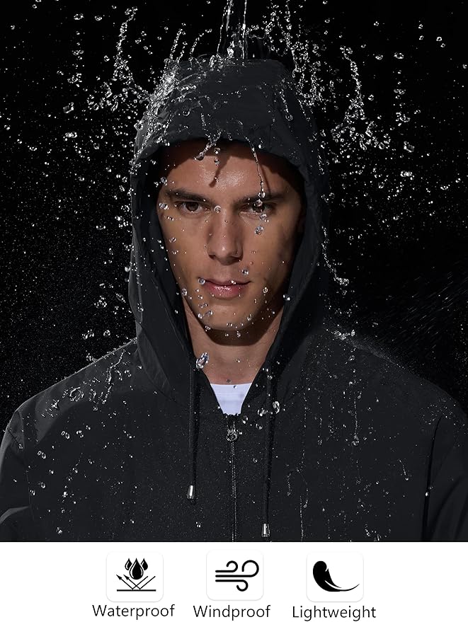 Mens Rain Jacket Raincoat Windbreaker Running Waterproof Lightweight Packable with Hood Travel Hiking Cycling