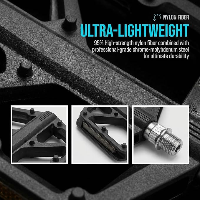 Nylon Mountain Bike Pedals, Non-Slip Wide Platform Flat Bicycle Pedals 9/16 Inch with Cr-Mo Axle Dual Sealed Bearing for MTB, Off-Road, BMX & Commuting