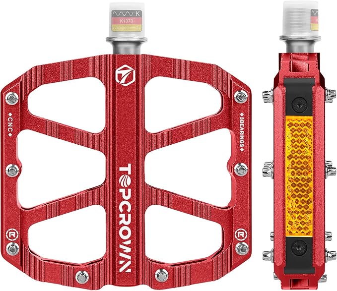 Mountain Bike Pedals with Reflectors, Aluminum Metal Bicycle Flat Pedals 9/16" - 3 Sealed Bearings, Non-Slip Wide Platform with Removable Pins for MTB, Road Bike, BMX, Ebike
