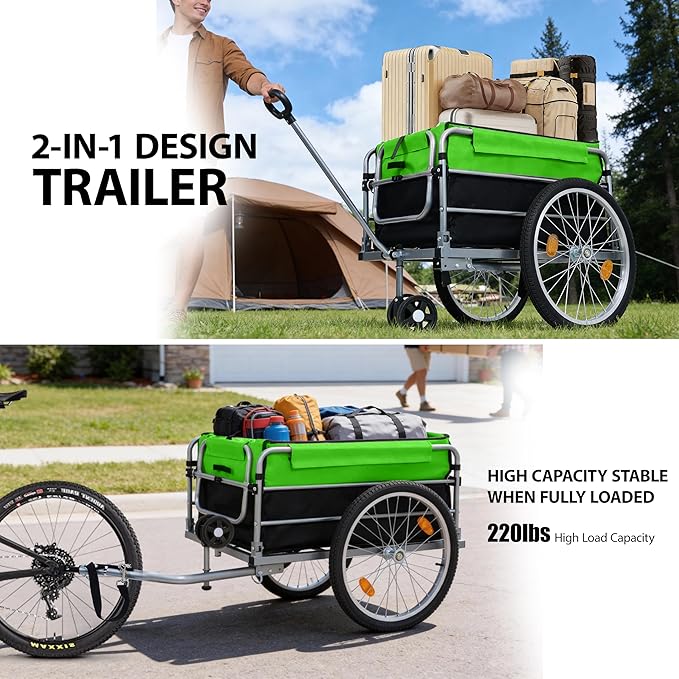 Aluminum Bicycle Trailer, Foldable Bike Cargo Trailer with Universal Hitch, Removable Oxford Fabric Cover, Bicycle Trailers Folding, for Camping, Groceries, 220 LBS Load Capacity, Black+Green