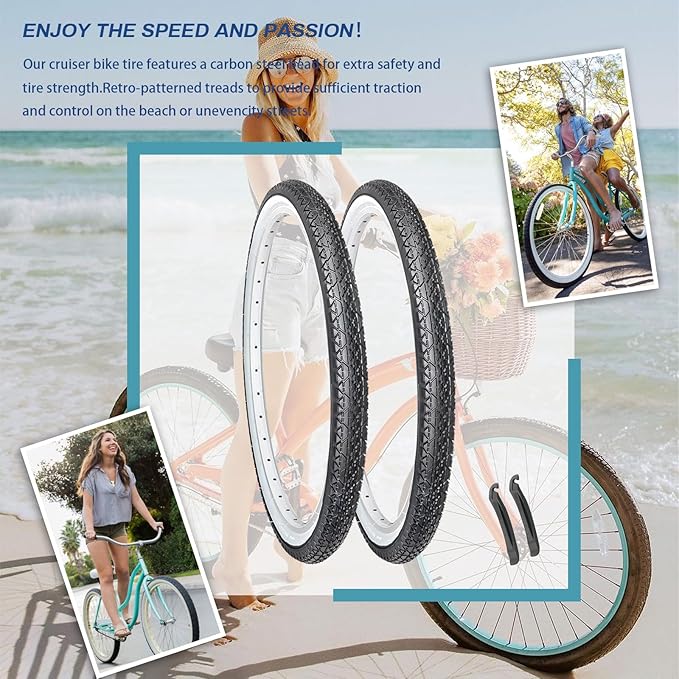 Hycline 26x2.125 Cruiser Bike Tires Set: 2-Pack 26-inch Premium Butyl Rubber High-Performance Folding Replacement Bicycle Tires for Beach Cruiser and Urban Commuting Bicycle