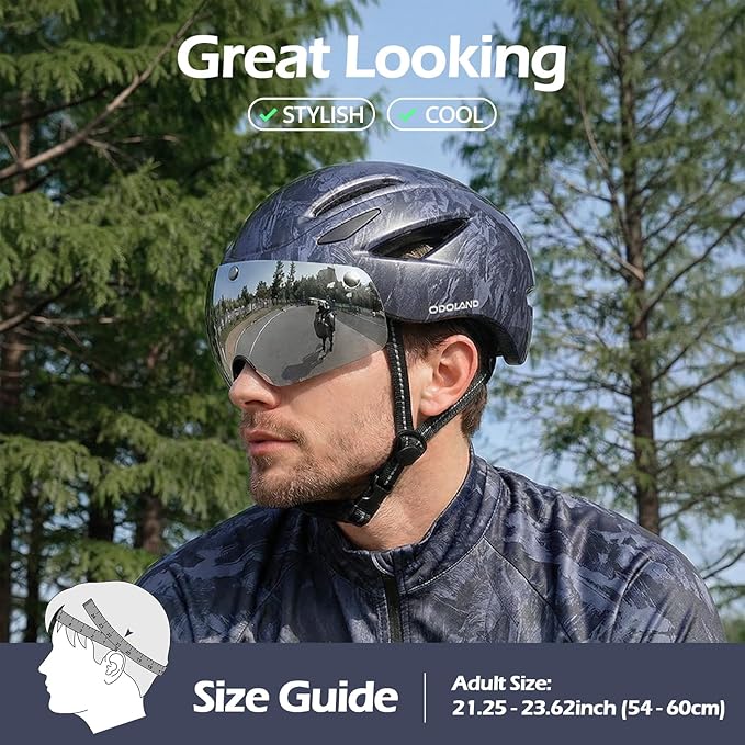 Odoland Bike Helmet with Magnetic Sun Visor for Adults, Glasses-Friendly Design Adjustable Dial Cycling Helmet for Men & Women, Urban Riding Bicycle Helmet for Mountain, Road, E-Bike, Commuting