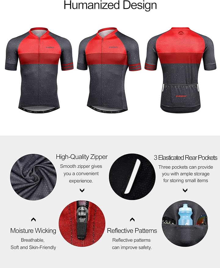 INBIKE Mens Cycling Jersey 3 Rear Pockets Moisture Wicking Short Sleeve Quick Dry Reflective Biking Shirts