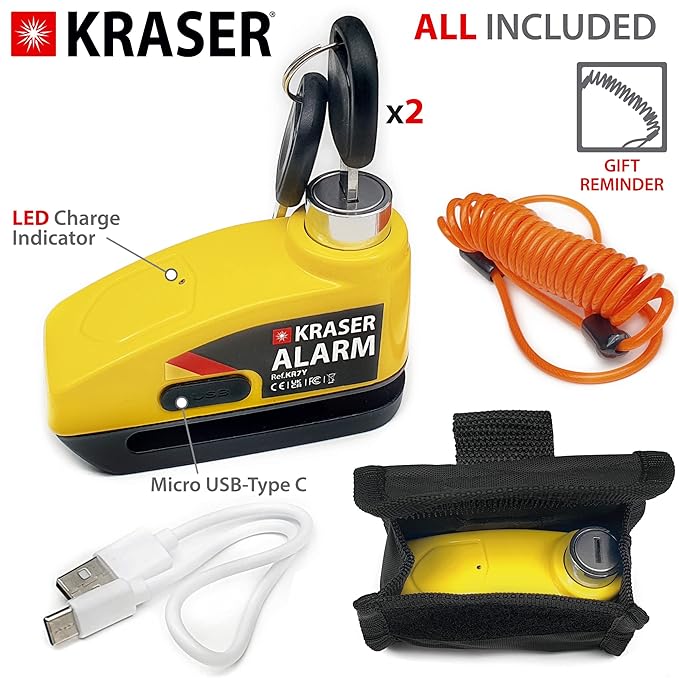 KRASER KR7Y Alarm Disc Lock USB Rechargeable Battery, 110dB Motion Sensor, Waterproof +Visible, 7mm Pin, Carry Pouch, Universal Anti Theft Wheel Brake Lock for Motorcycle Scooter Bicycle Electric Bike