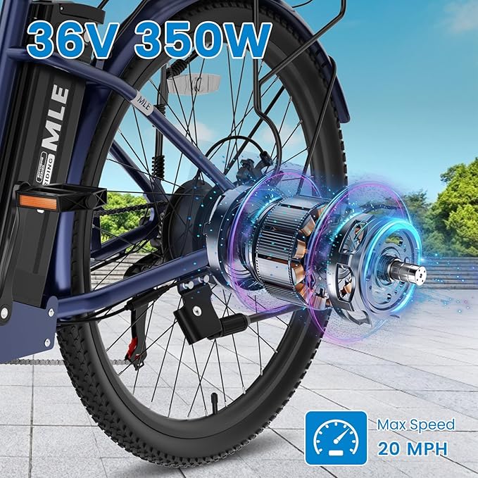 350W Electric Bike for Adults, 20MPH 7-Speed Commuter Ebike with 36V 10.4Ah Battery, Aluminum Frame, Front Suspension, Dual Disc Brakes, E Bicycle with Basket & Rear Rack, 330 lbs Load