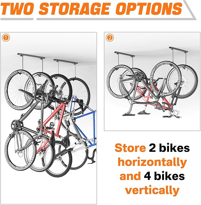 TORACK Overhead Bike Rack for Garage, Ceiling-Mounted Bicycle Storage Hooks for 4 Bikes (Horizontal) or 8 Bikes (Vertical), Adjustable Bicycle Hooks for Mountain, Road Bikes