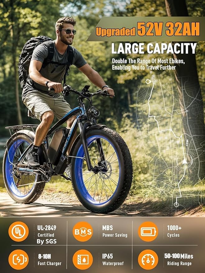 Ebike for Adults Electric, 52V 19.2Ah/32Ah, Peak 2000W/2500W E-Bike, 36/40MPH, 70 Miles/100Miles, Hydraulic Disc Brake, Off Road Snow Mountain E-Bike, 24"/26" Fat Tire Electric Bicycle UL2849 by SGS