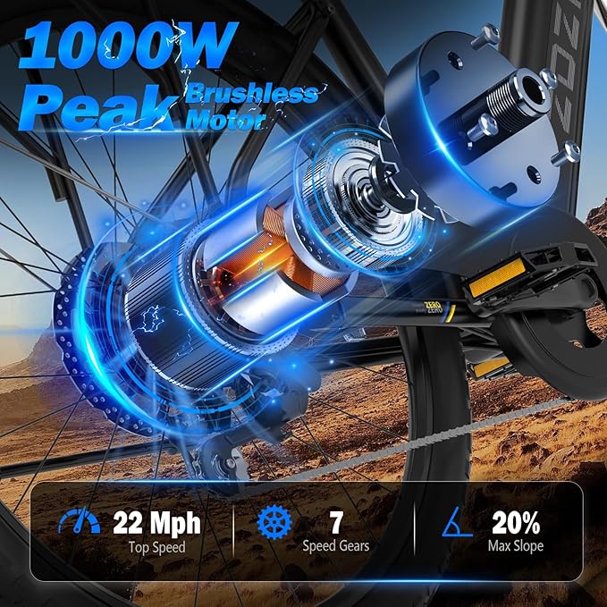 Electric Bike for Adults, 1000W Peak Motor, 60 Miles 22Mph Electric Bike, 26" Commuter E Bikes with 48V 10.4Ah Removable Battery, Step-Thru Ebike, Adjustable Stem, 7-Speed & Front Suspension