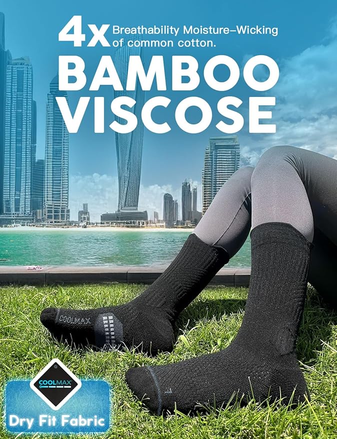Womens Coolmax Bamboo Viscose Compression Running Crew Socks, Moisture-Wicking Anti-Blister Hiking&Gym Athletic