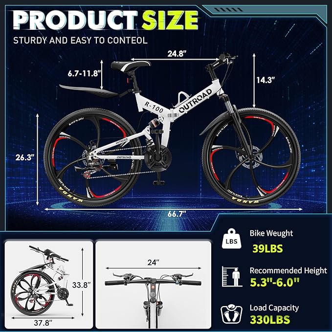 26 Inch Folding Mountain Bike, 21 Speed Full Suspension Bicycle Dual Disc Brake Non-Slip Quick Release tire for Adults Men Women(Balck/Pink/Green/Orange/White/Purple)