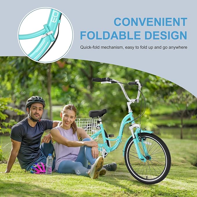 NAIZEA Folding Adult Tricycle - 7 Speed 20/24/26 Inch Folding Tricycle for Adult, 3 Wheel Bike, Foldable Trike with Large Basket/Low-Step Through for Men Women Senior