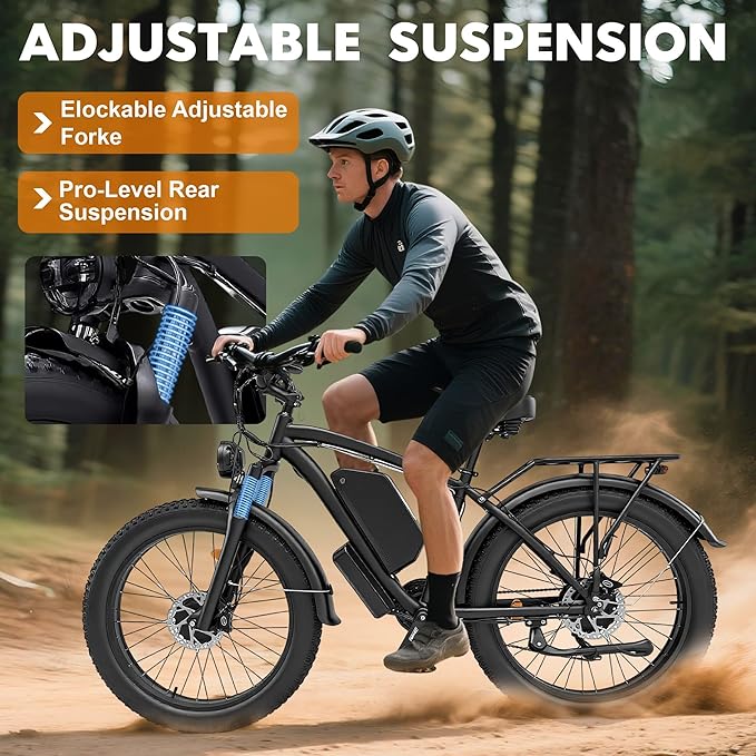 6000W Peak Dual Motor Electric Bike for Adult, 50MPH with 60V 25AH Battery, 26" Fat Tire Electric Bicycle for All Terrain, Full Suspension with Hydraulic Disc Brake, 21-Speed Long Range EBike