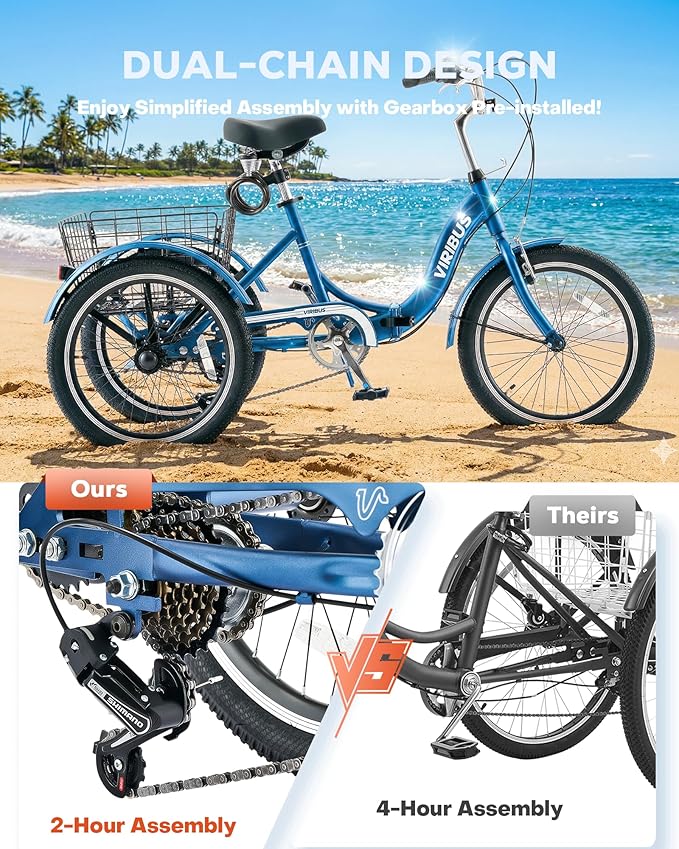 VIRIBUS Folding Tricycle for Adults, 20 inch Foldable Adult Tricycle 1 or 7 Speed Speed with Basket, Folding 3 Wheel Bikes for Adults Senior Women Men, Collapsible Mini Trike, Three Wheeler 330lb.