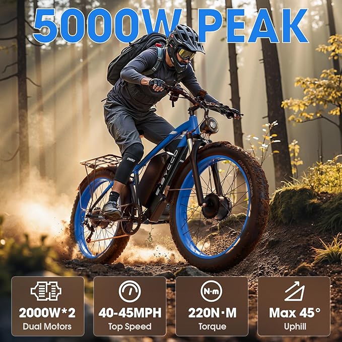 E·Bycco 5000W Peak Dual Motor Electric Bike for Adults, 24" Fat Tire Ebikes 52V 32AH, Max 45 MPH, 100 Miles Long Range, Hydraulic Brake, Pedal Assist Mountain Electric Bicycle