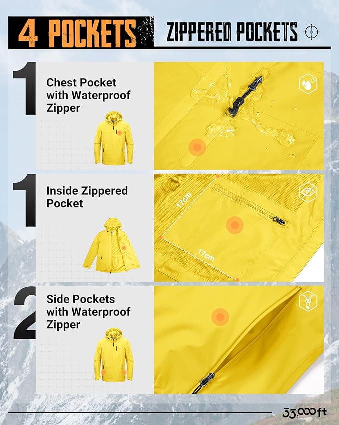 33,000ft Men's Packable Rain Jacket Lightweight Rain Shell Jacket with Hood Waterproof Raincoat for Cycling