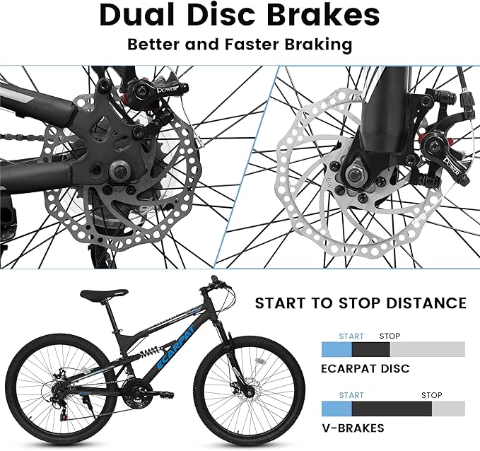 Ecarpat 24/26/27.5 Inch Mountain Bike, Full/Front Suspension Mens Boys Mountain Bike with 21 Speed Steel Frame and Dual Disc Brakes, Adult Sport Bicycle for Trail City Road, Gift Choice