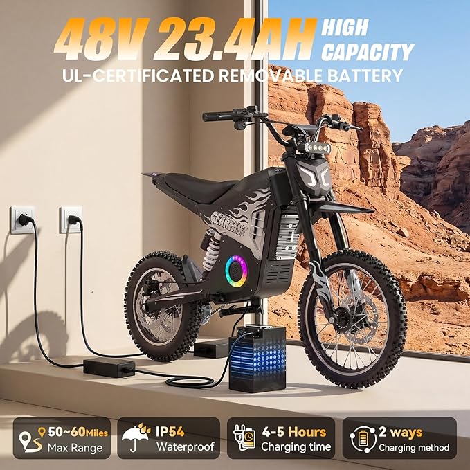 Electric Dirt Bike, 14"/12" Fat Tire 3000W Peak 40 MPH Electric-Motorcycle with 48V 23.4AH Battery Dual Hydraulic Brakes Mountain Off-Road EBike for Teens Adults