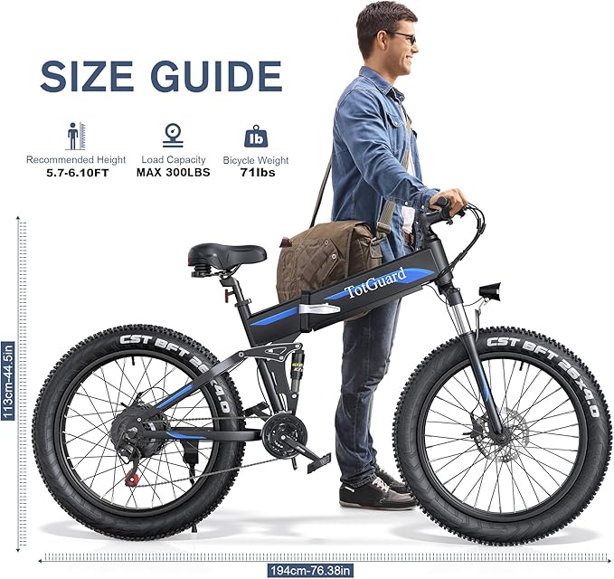 Wooken 26" x4.0 Fat Tire Electric Bike, Folding Electirc Bike for Mountain Commuter, Peak 1000W Motor 21.6 MPH, Ebikes for Adults with 48V/10.4Ah Removable Battery, Suspension Fork, 21 Speed Ebike