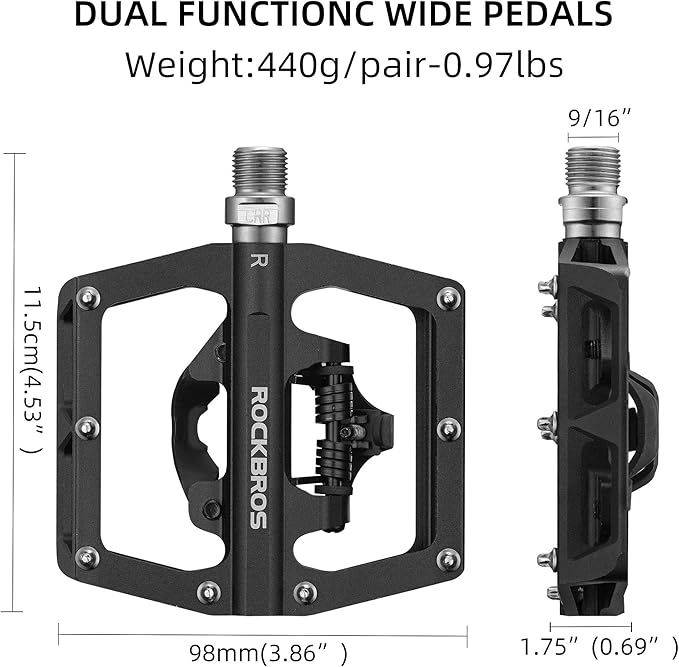 ROCKBROS MTB Mountain Bike Pedals Compatible with SPD Mountain Bike Dual Function Sealed Clipless Aluminum Bicycle Flat Platform 9/16" Pedals with Cleats for Road, MTB, Mountain Bikes