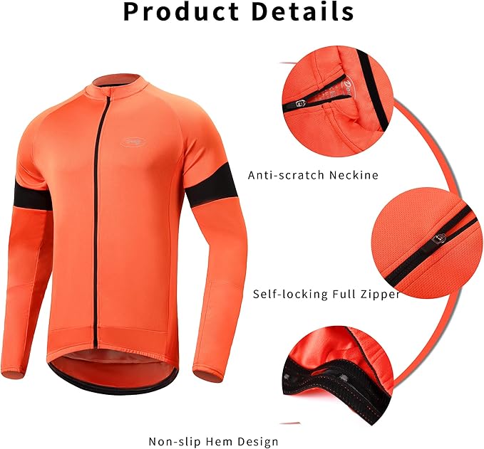 Dooy Men's Cycling Bike Jersey Long Sleeve Full Zipper Biking Shirt with 3 Rear Pockets, Breathable MTB Shirts Basic Series