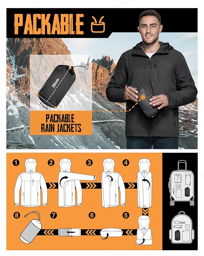 33,000ft Men's Packable Rain Jacket Lightweight Rain Shell Jacket with Hood Waterproof Raincoat for Cycling