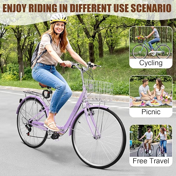 Foldable Cruiser Bike 7-Speed Cruiser Bike 26Inch Women Bicycle with Ergonomic Upright Frame, Effortless 7-Speed Shifting and Lightweight Design for Adult Men and Women