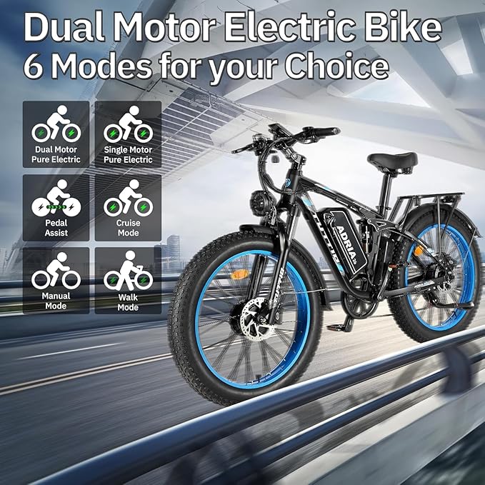 Tuttio Adria26 5000W/6000W Dual-Motor Ebike,40-46MPH Electric- Bike for Adults, 26 * 4" Fat Tire Electric Bicycle, 52V 25AH E-Bike Full Suspension Electric Dirt Bike for Off-Road Mountain Hunting