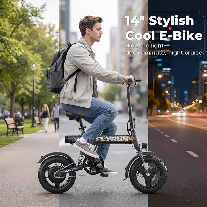 Electric Bike- Peak 500W, 20MPH, Up to 25+Miles, Waterproof Battery, Dual Disc Brakes,Rear Suspension, Stylish 14" Commuter E-Bike for City & Road Sand Mountain