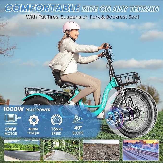 MOONCOOL 1000W 4" Fat Tire Electric Tricycle for Adults, 48V 14.5Ah All-Terrain Aluminum 20" E-Trike, Front Suspension, 7-Speed, 400lbs Max Payload