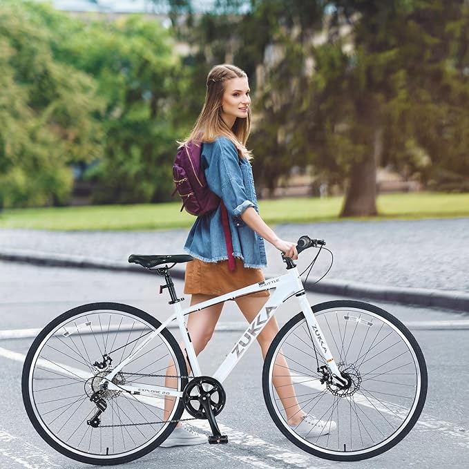 700C Road Bike with Light Aluminum Alloy Frame, 28 Inch Wheels City Bicycle with Dual Disc Brakes,7 Speeds Faster Racing Bike for Men Women Student, Sport Bike to School Work,4 Colors
