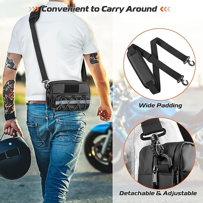 Double-Layer Motorcycle Handlebar Bag, Waterproof Bicycle w/ USB Charge Hole & Shoulder Strap, Motorbike Storage Accessory Pouch for Cruiser Softail Dyna Sportsters (HD03301)